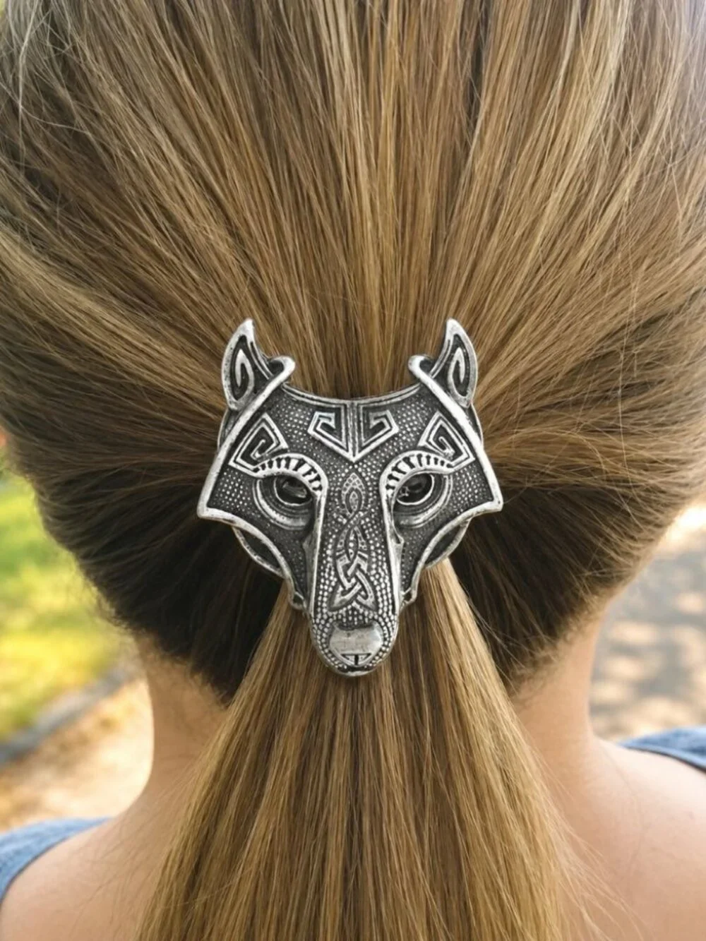 Wolf Hair Tie Ponytail Holder Celtic Nordic Silver Tone Hair Accessory